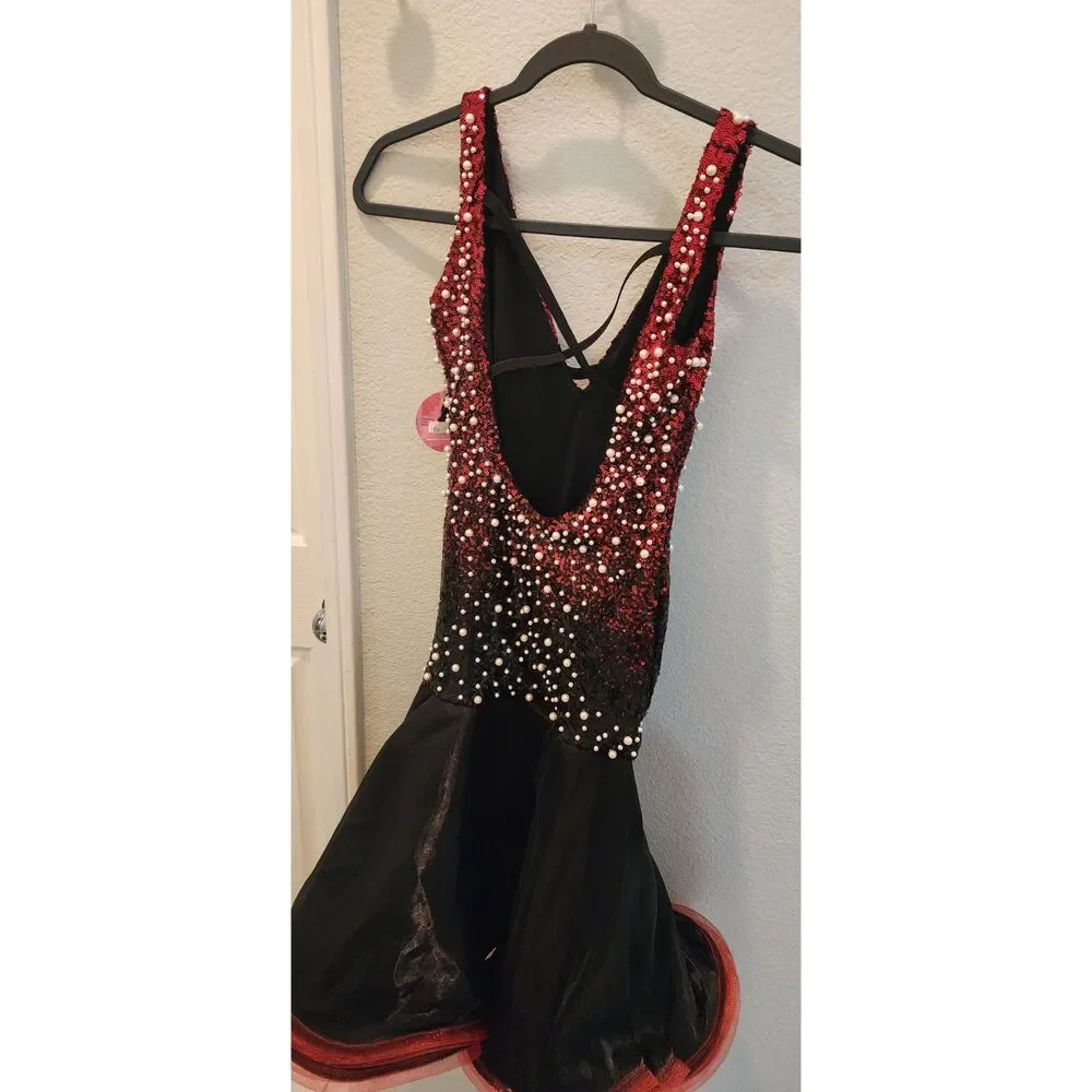 NWT Latin Ballroom Dance Dress Womens S Red Black Sequin Pearl V Neck Performanc